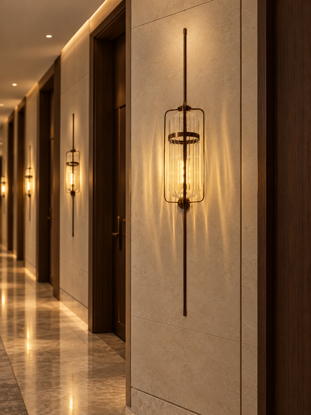 Bronze and ribbed-glass wall light in a hotel corridor