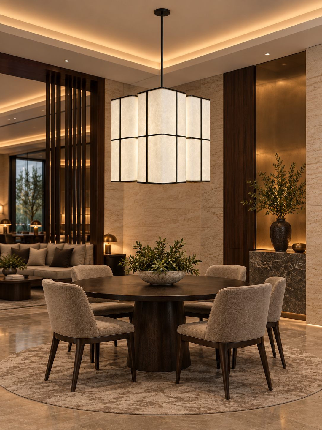 Three-panel illuminated pendant above a dining table visualisation