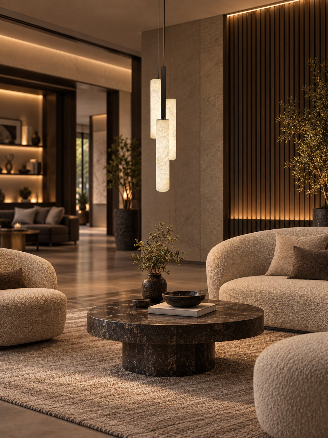 Three-cylinder translucent pendant in a hotel lounge