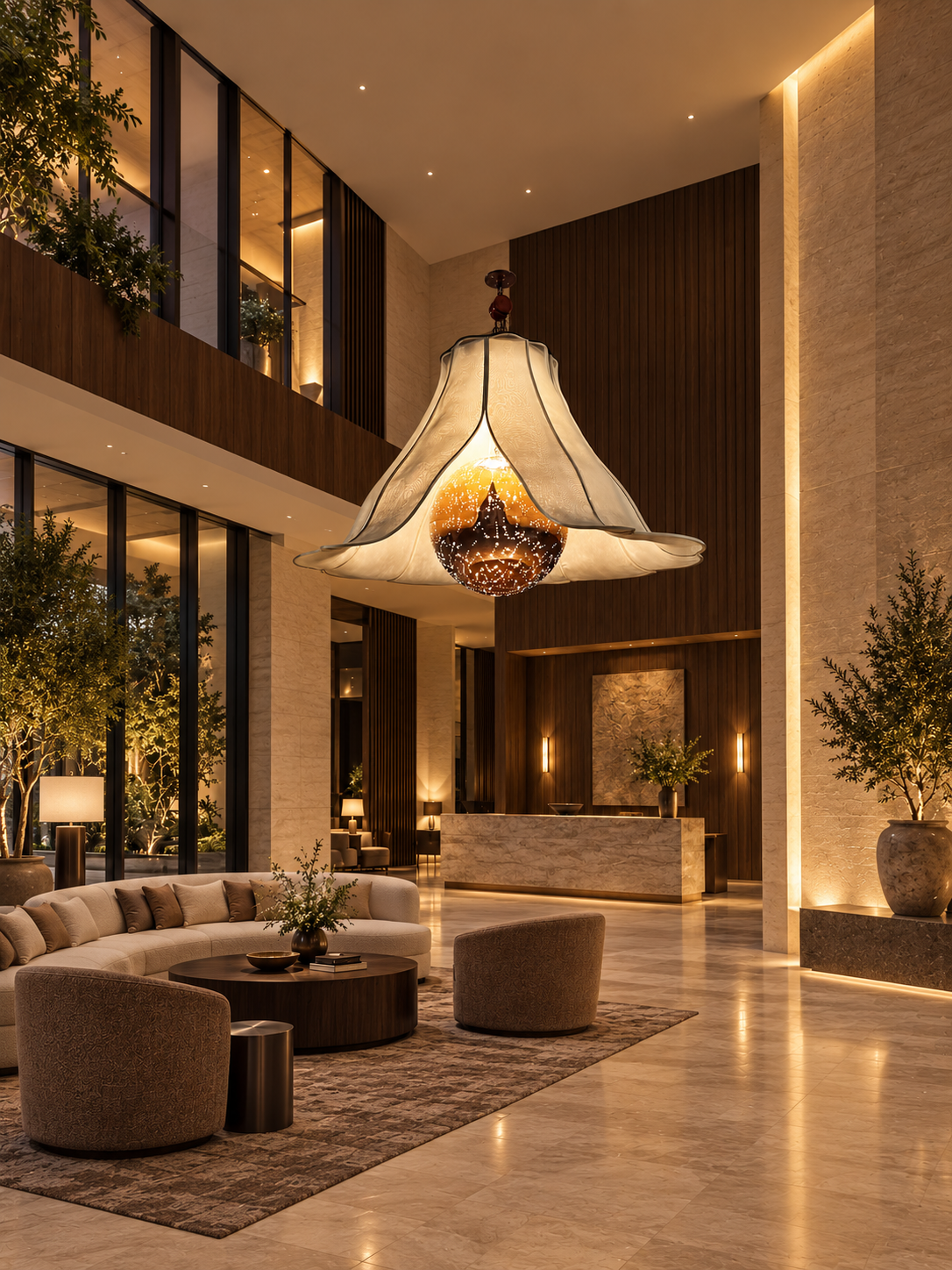 Flared illuminated chandelier in a hospitality lobby visualisation