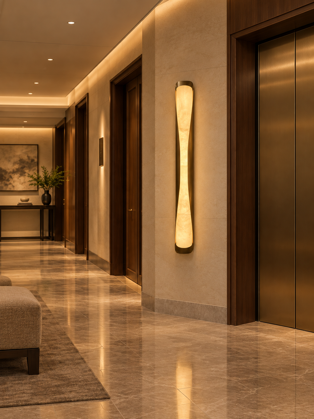 Tapered illuminated wall light in a hospitality corridor visualisation