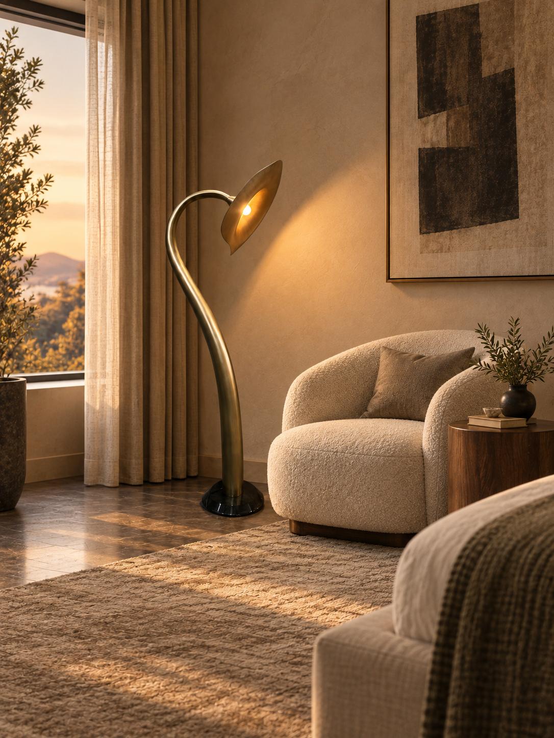 Sculptural curved brass floor lamp in a hotel reading area