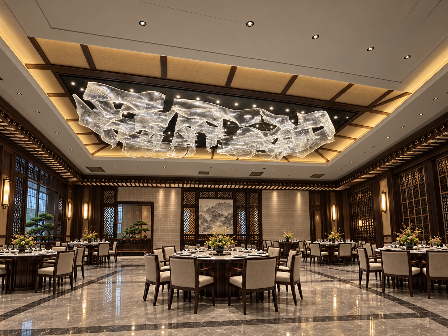 Glass ribbon ceiling installation in a large dining room visualisation