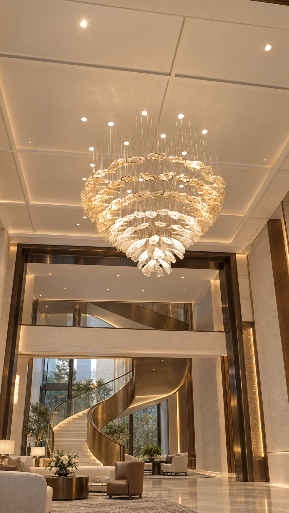 Cascading bespoke glass chandelier in a double-height hotel lobby
