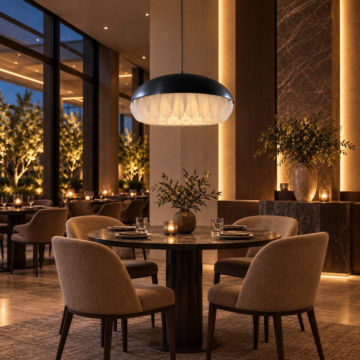 Dark dome pendant above a dining table visualisation