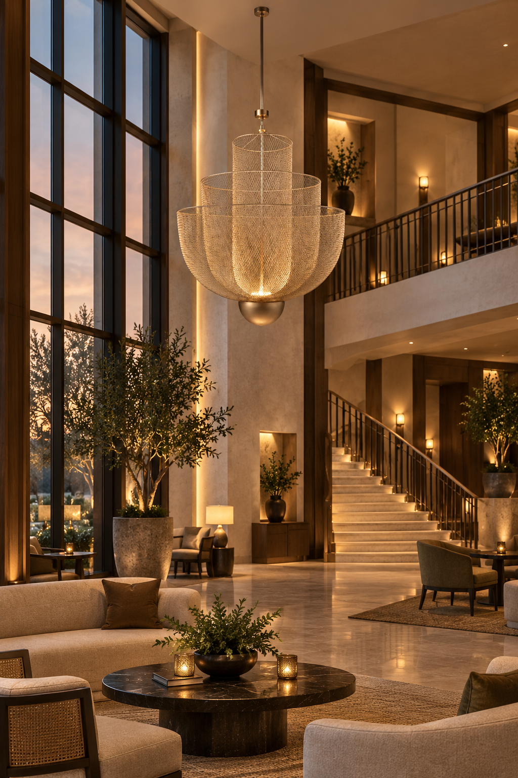 Woven-metal feature chandelier in a double-height interior