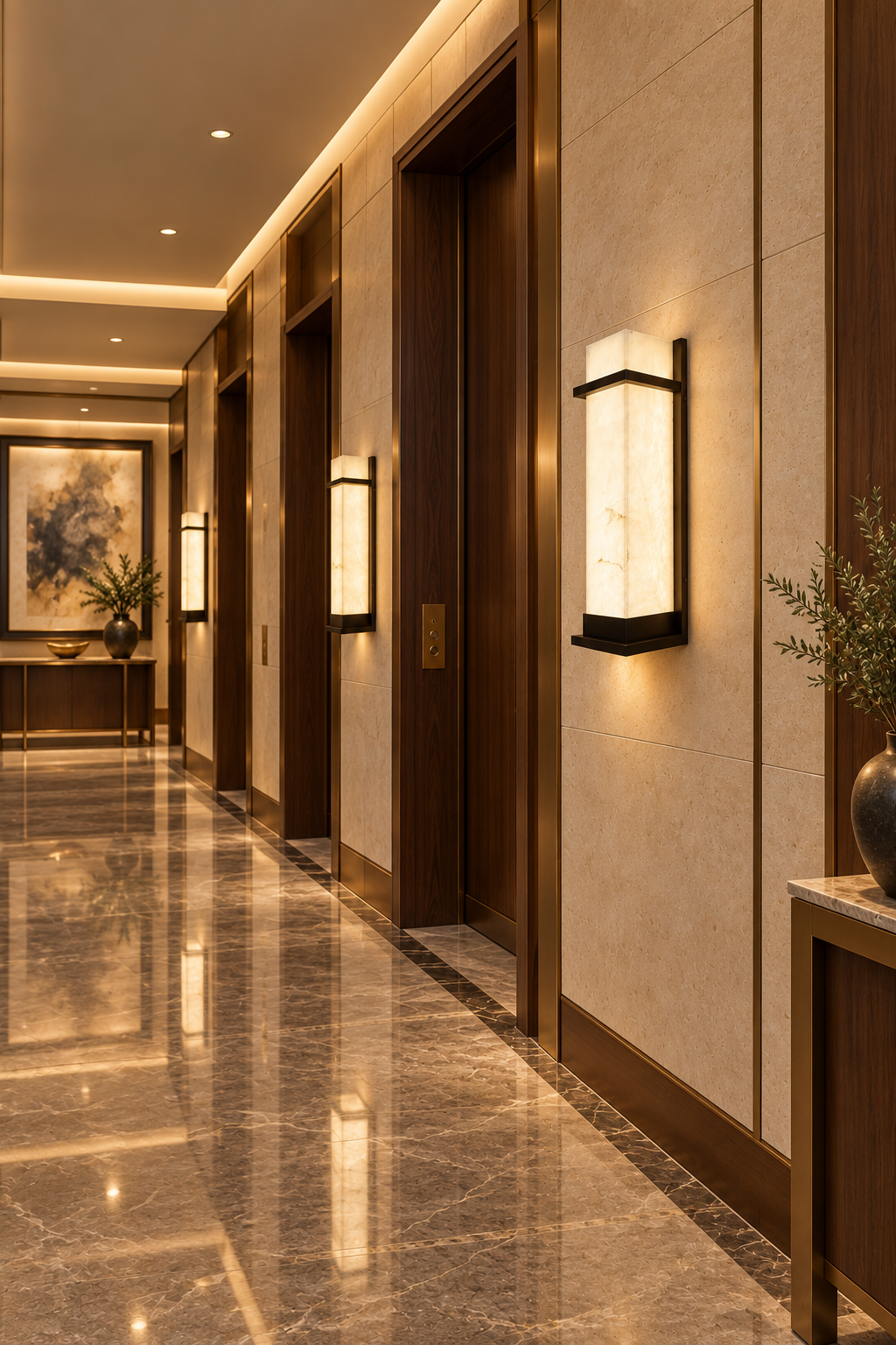 Rectangular wall light beside a doorway in a corridor visualisation