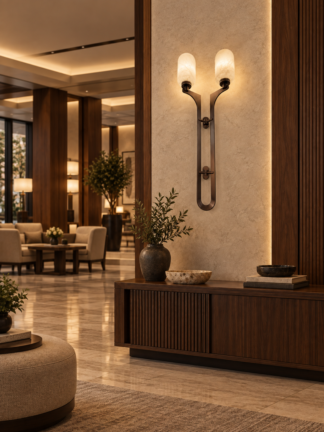 Double-arm wall light in a hospitality lounge visualisation
