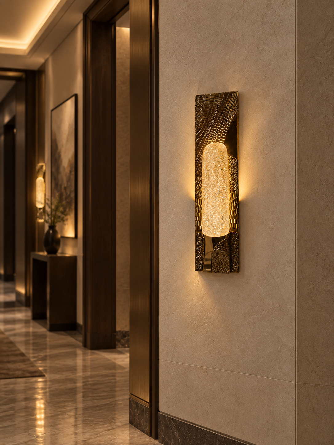 Textured gold and crackle-glass wall light in a hotel corridor
