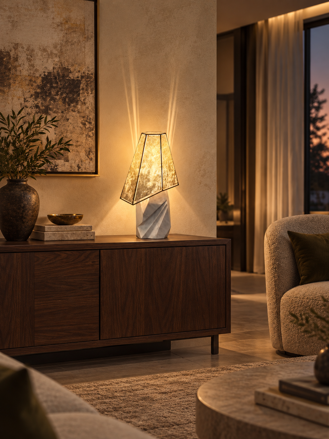 Asymmetric marble table lamp in a hotel lounge