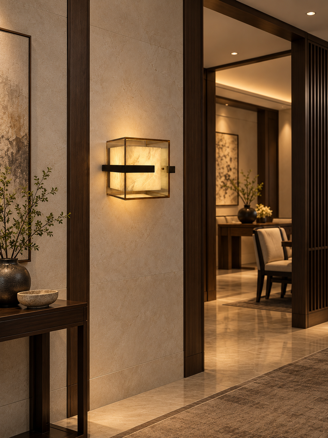 Glass-box wall light in a hospitality corridor visualisation