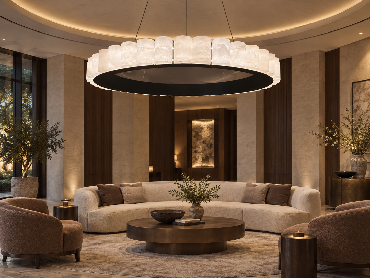 Circular stone-shade chandelier above a hospitality lounge