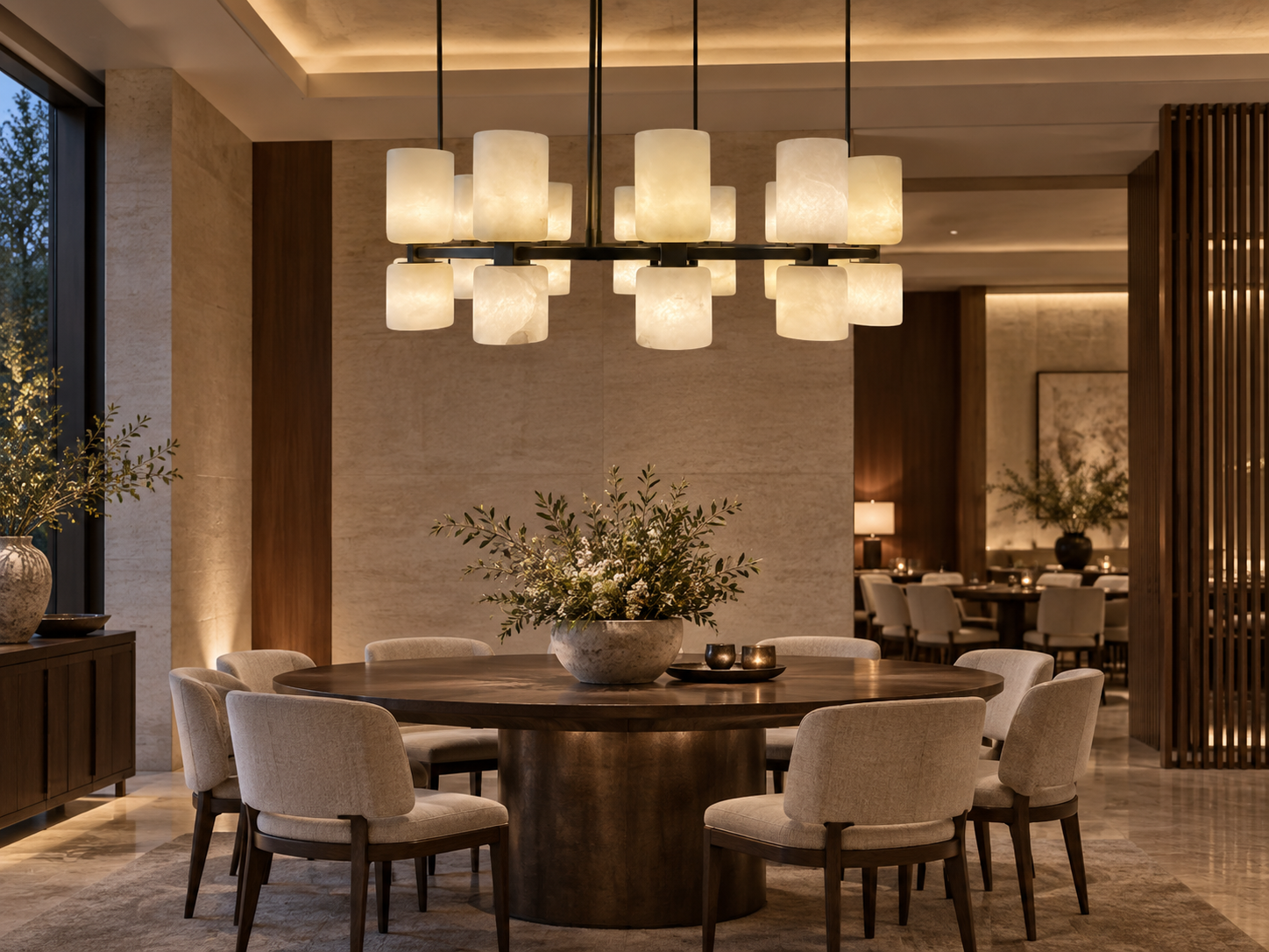 Multi-shade stone chandelier above a hospitality dining table