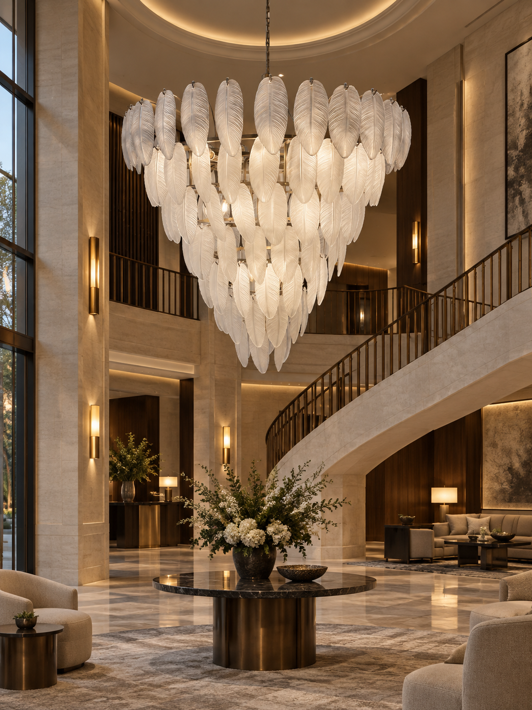 Tiered leaf-glass chandelier in a hospitality lobby