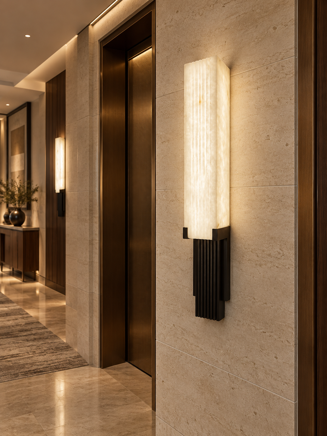 Vertical ribbed stone wall sconce beside a hospitality corridor doorway