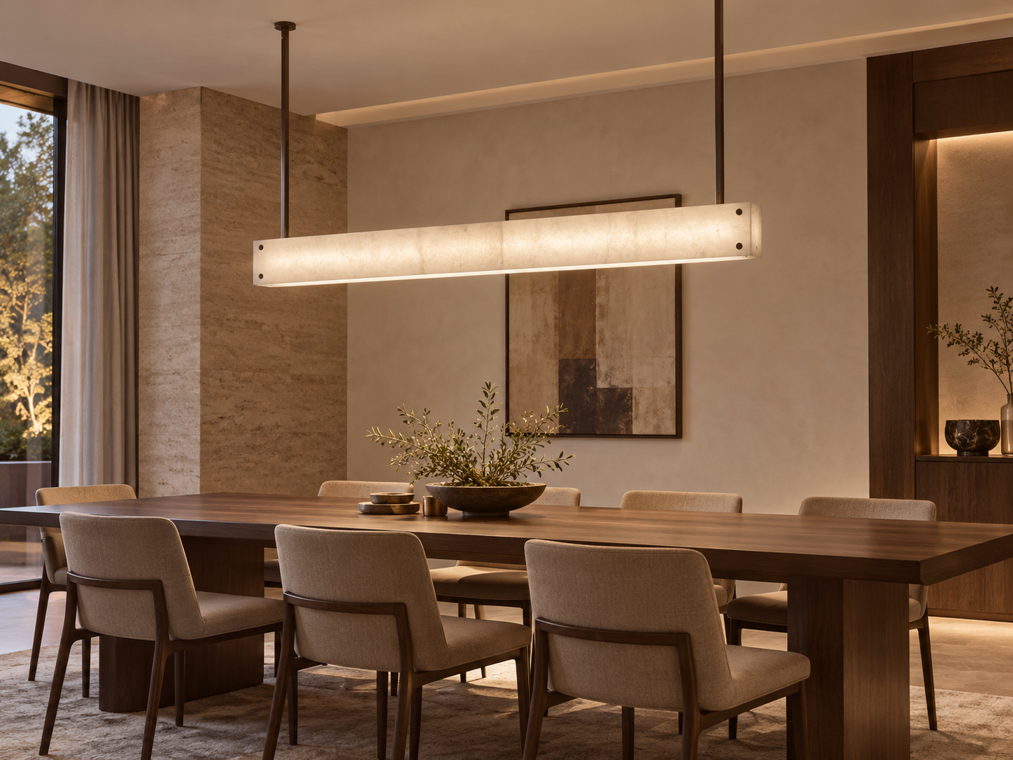 Minimal luminous linear pendant above a dining table