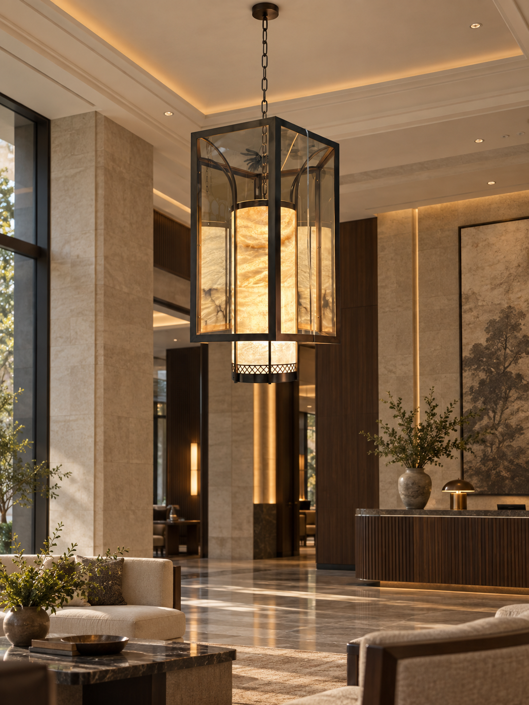 Large framed glass lantern pendant in a hospitality lobby