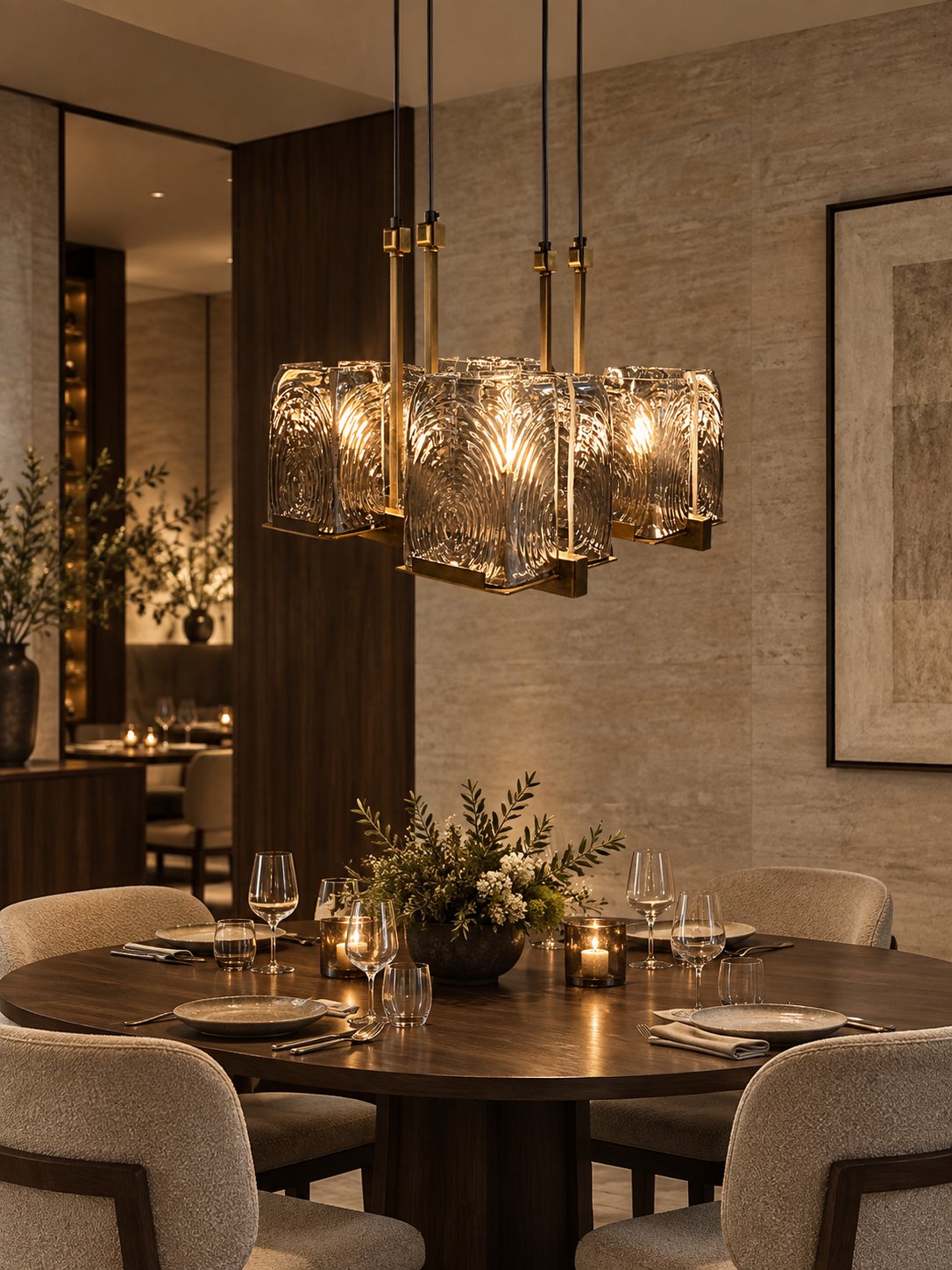 Cluster of textured glass pendants above a dining table