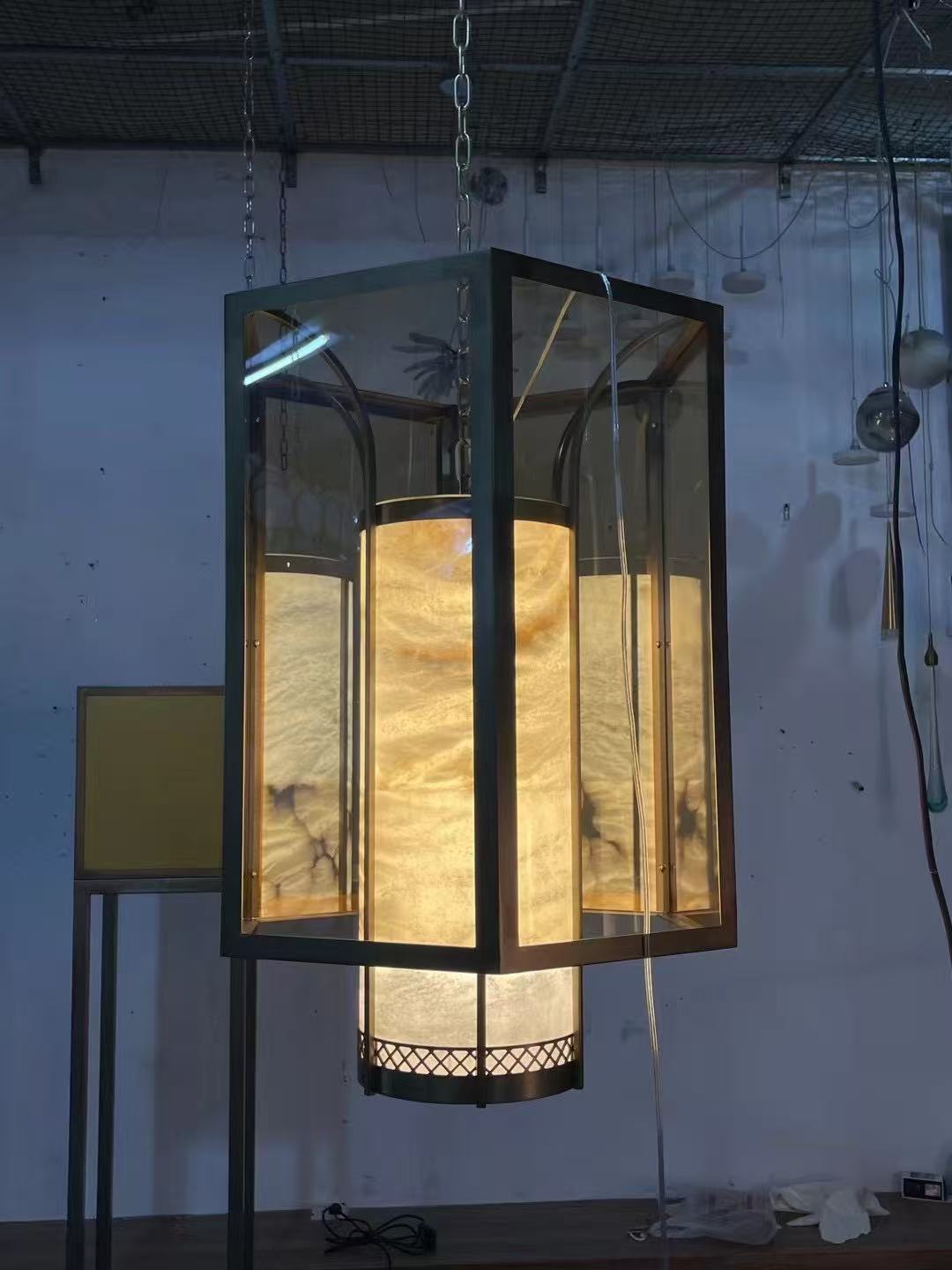 Large glass lantern pendant during workshop testing