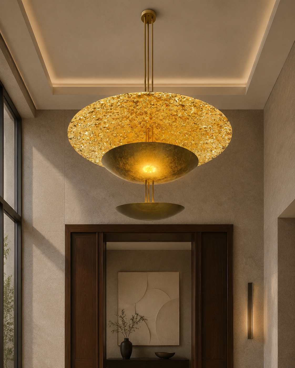 Hallway visualisation featuring a layered gold disc pendant