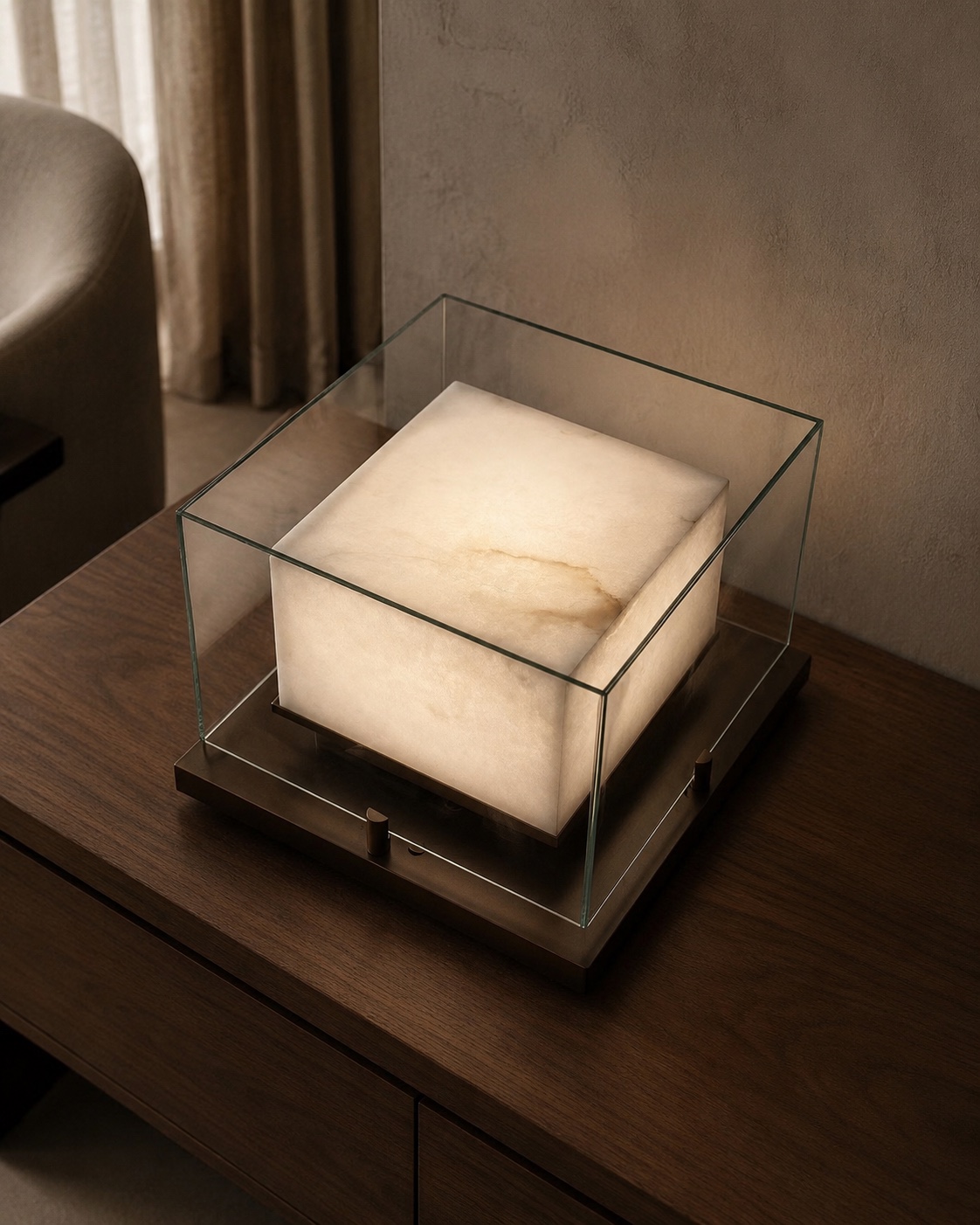 Interior visualisation of a luminous pale cube within a clear square enclosure