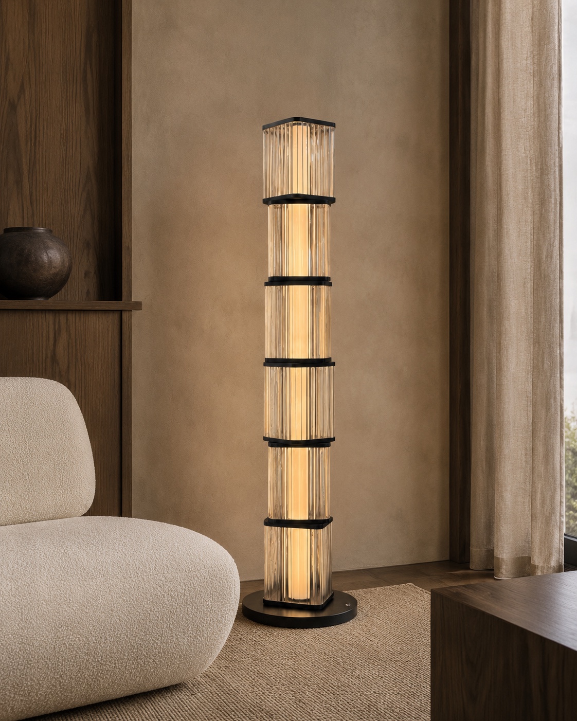 Lounge visualisation featuring an illuminated column floor light with stacked transparent sections