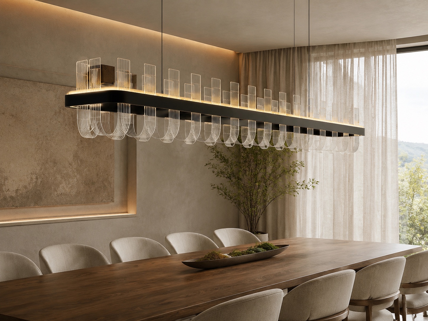 Dining room visualisation featuring the elongated open-frame chandelier above a long table