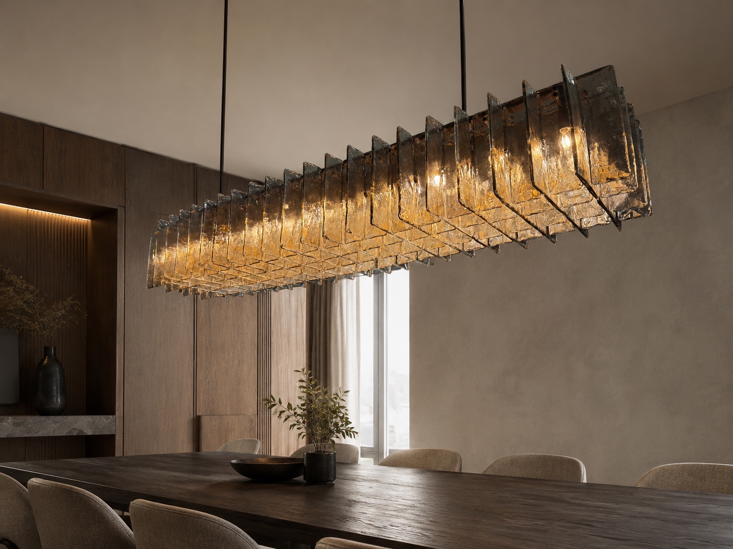 Dining room visualisation featuring a long smoked textured glass chandelier