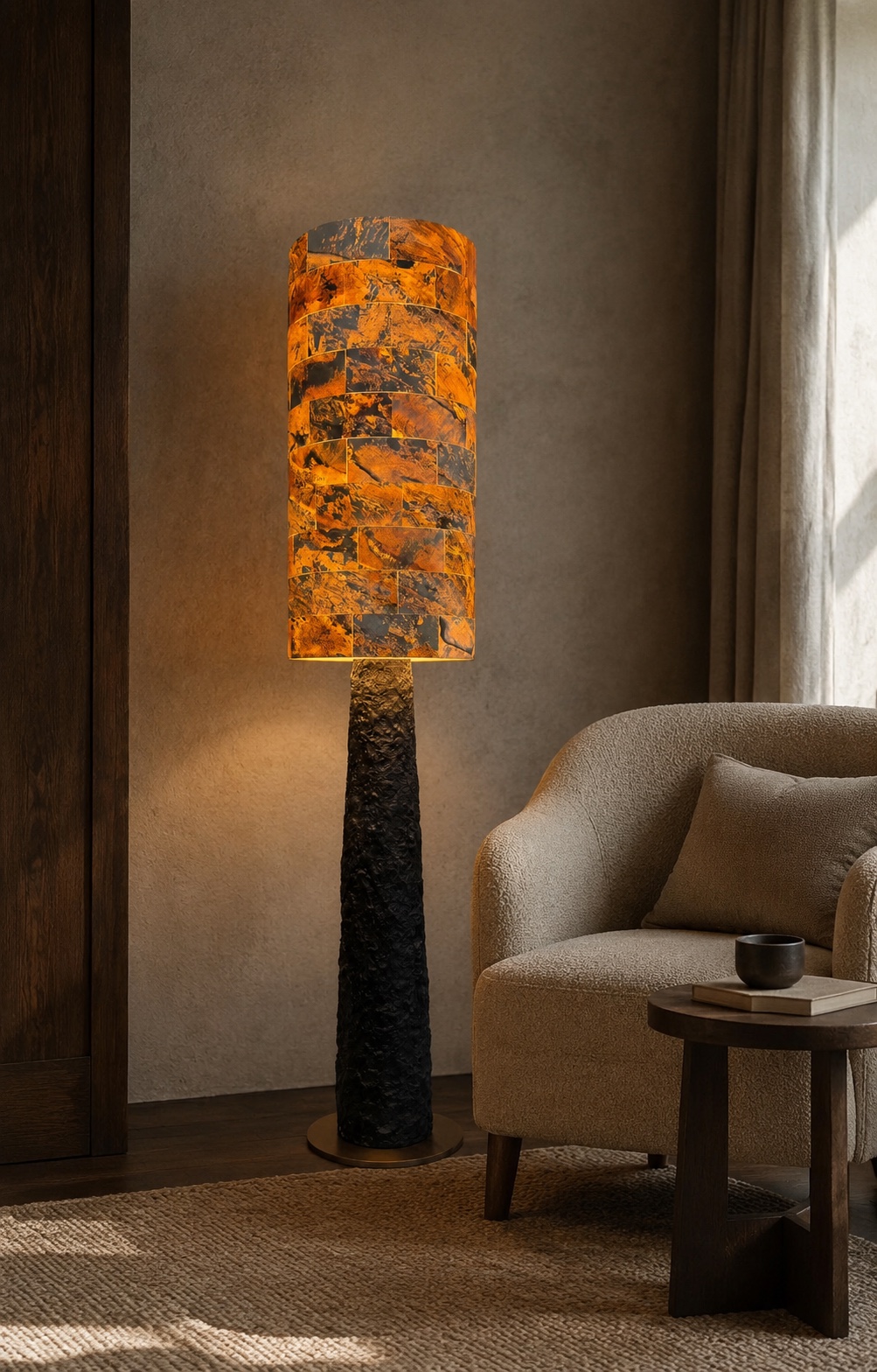Lounge visualisation featuring a floor light with an orange patterned shade and textured dark stem