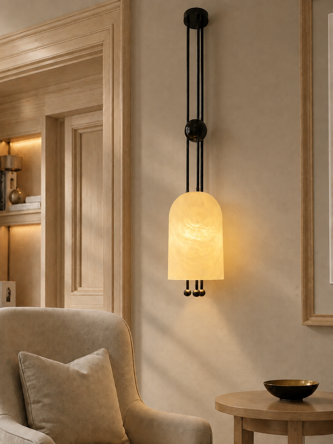 Interior visualisation featuring a single translucent form suspended from an elongated dark metal structure