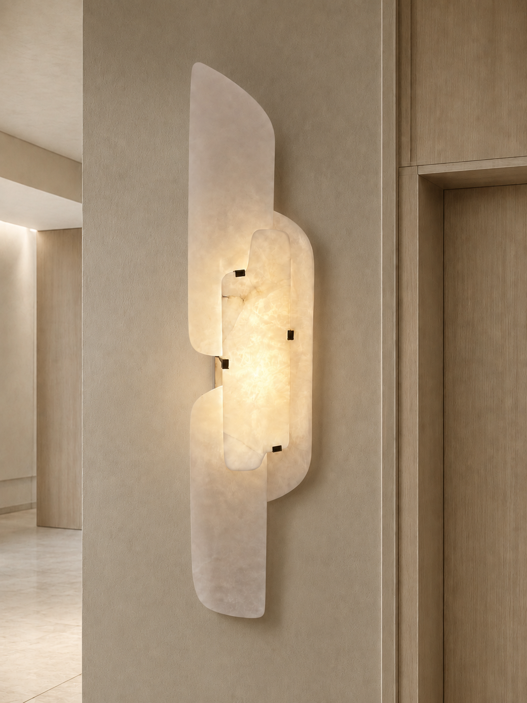 Interior visualisation featuring a wall light with overlapping translucent panels