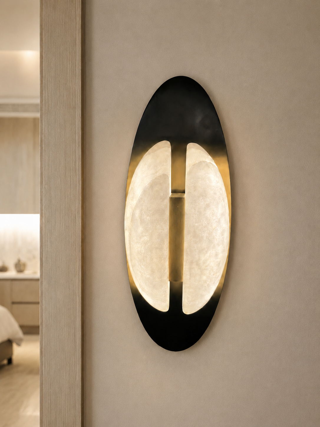 Interior visualisation featuring two illuminated elements within a vertical oval wall light