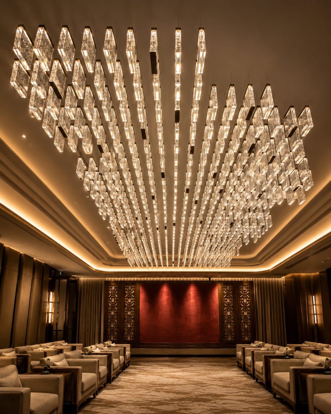 Large glass chandelier installation extending across a hospitality ceiling