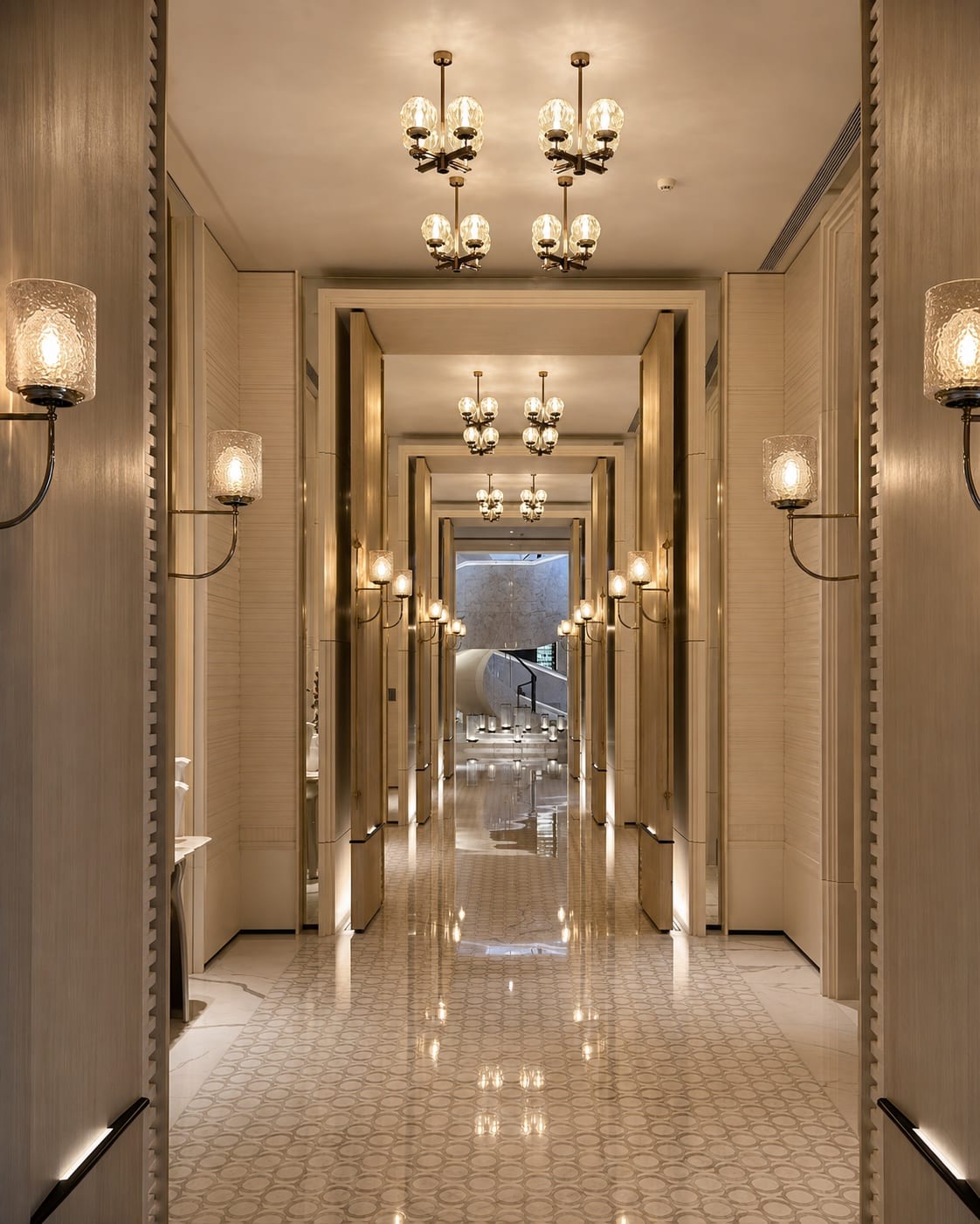 Glass wall lights and chandeliers creating a rhythm along a hospitality corridor