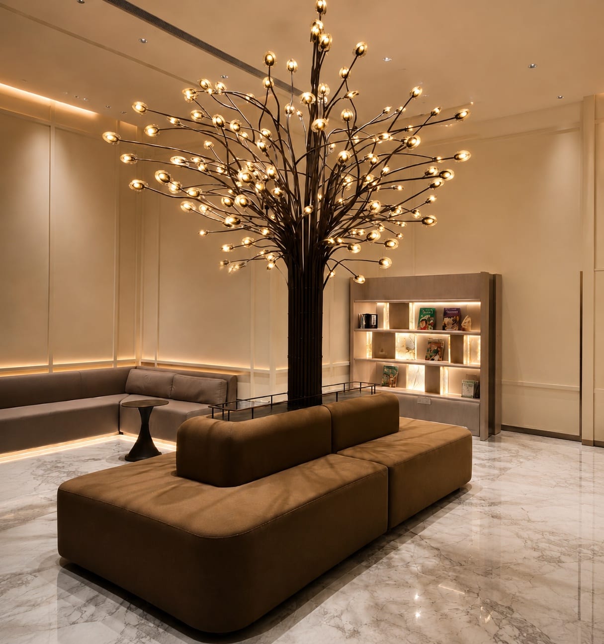 Tree-inspired sculptural lighting feature within a hospitality lounge