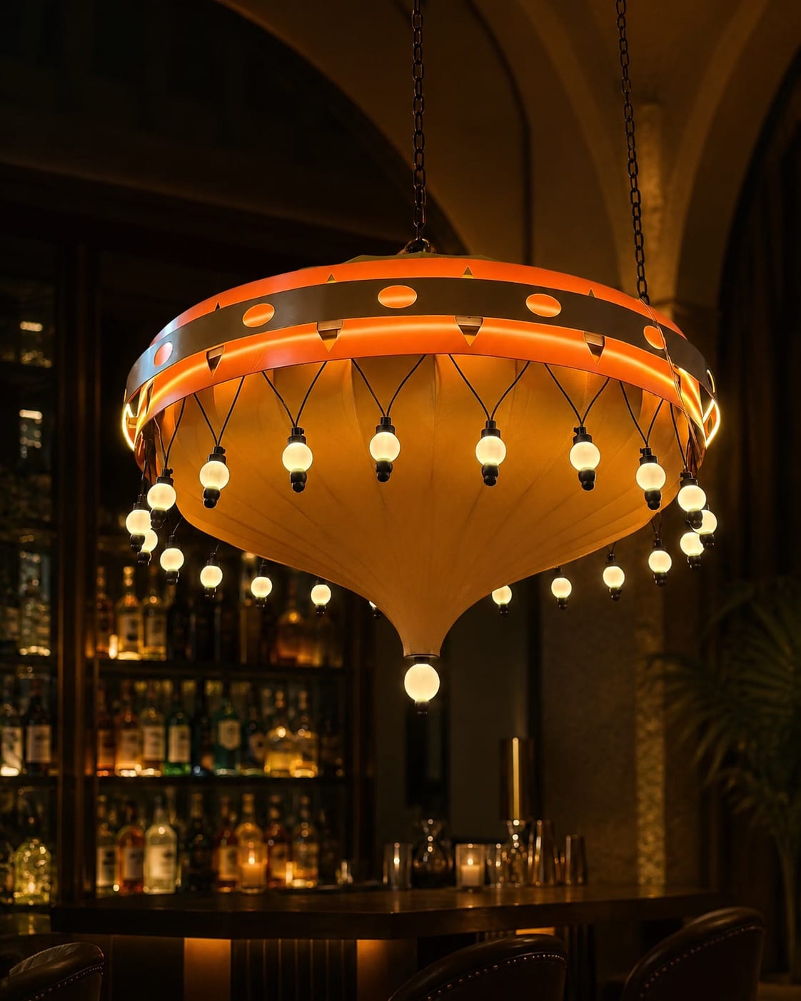 Large amber-toned circular canopy chandelier with suspended lights above a hospitality bar