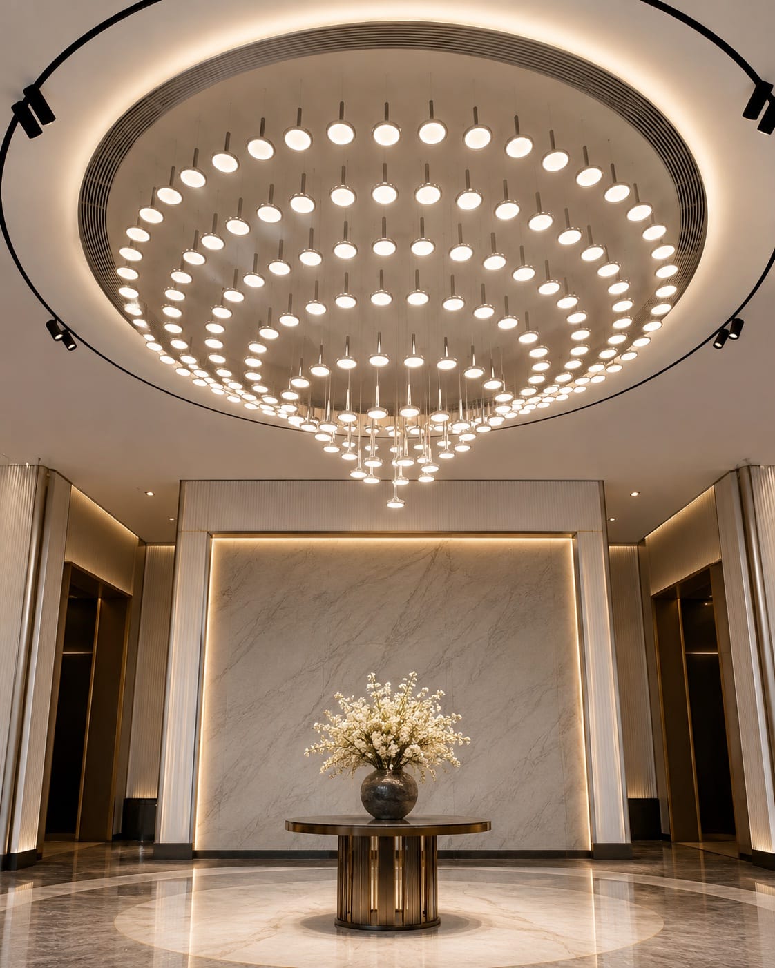 Large circular ceiling chandelier formed by concentric suspended luminous elements in a formal lobby.