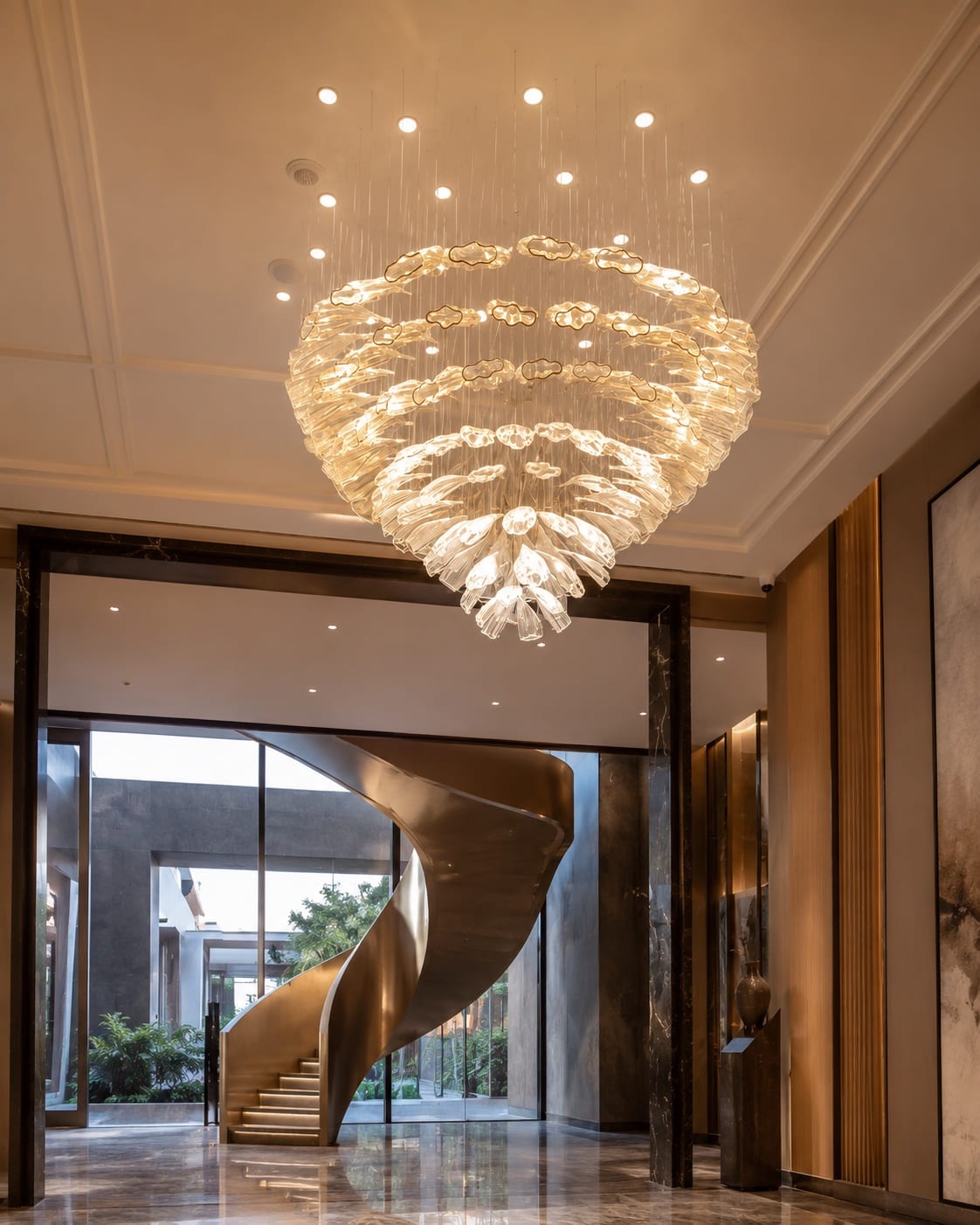 Vertically tiered chandelier formed from layered illuminated glass drops in a grand interior.