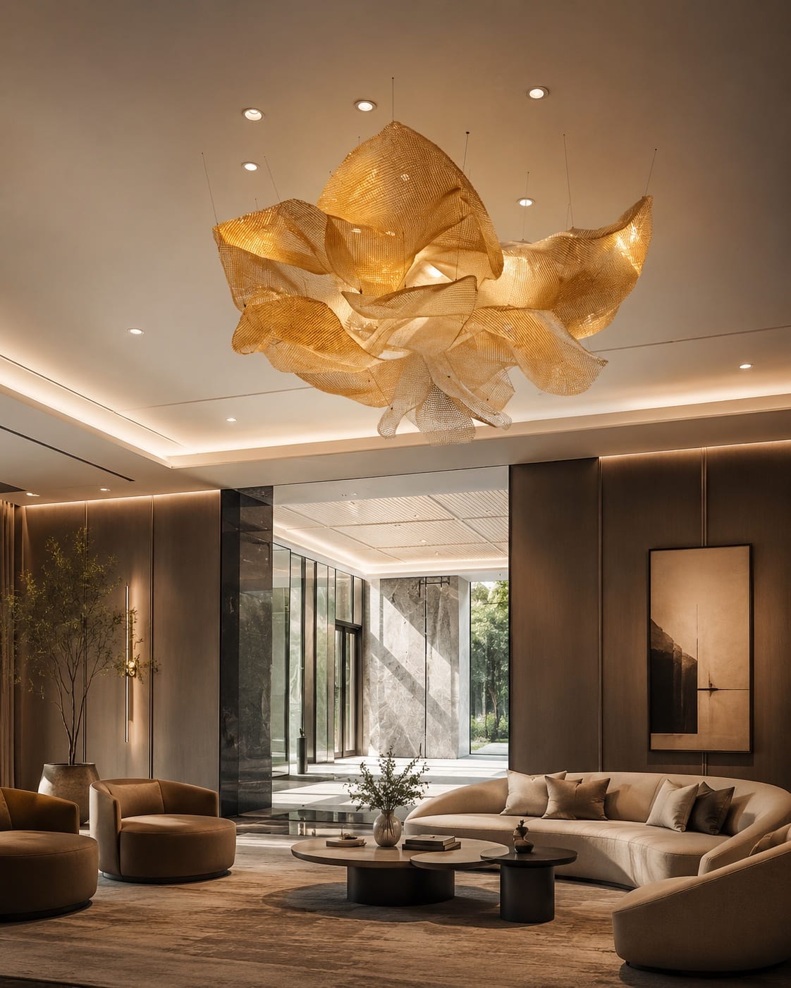 Floating chandelier formed from folded gold-toned mesh surfaces in a hospitality lounge.
