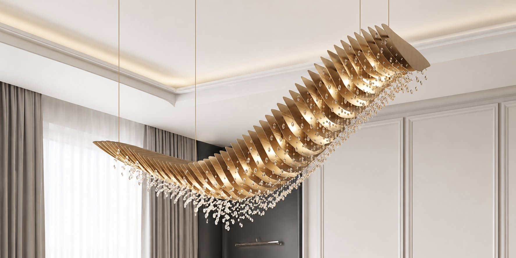 Large bespoke sculptural chandelier with layered metal forms and crystal details
