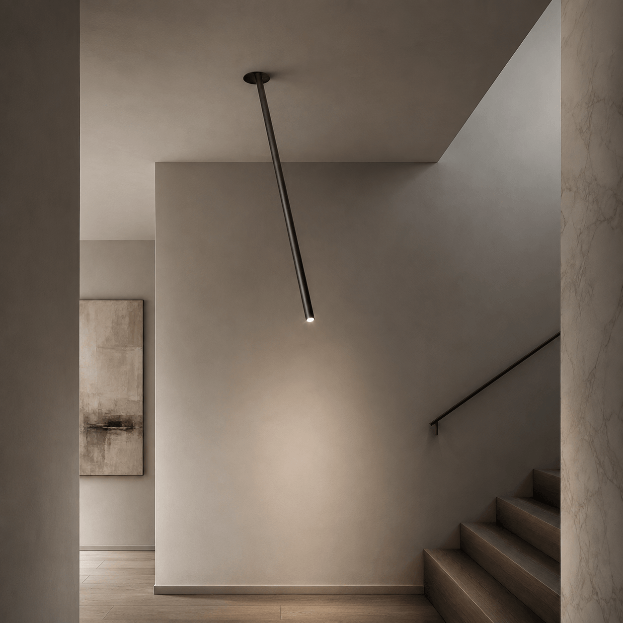 Custom directional black rod ceiling light installed above a staircase.
