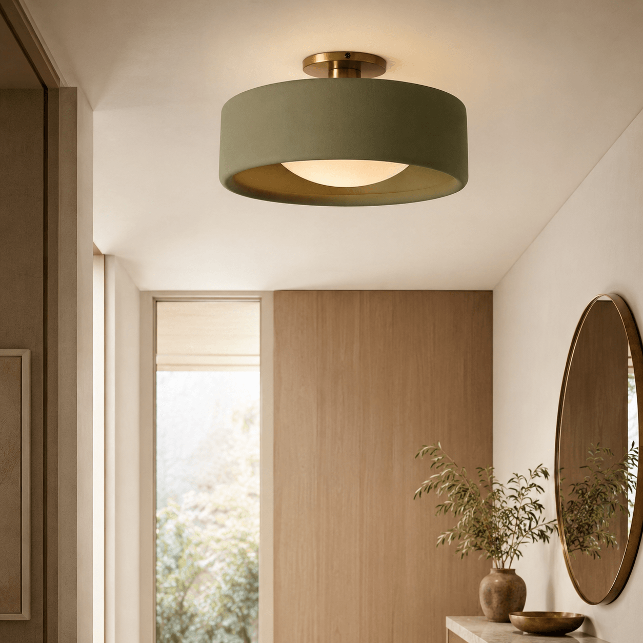 Custom green fabric drum ceiling light with warm diffuser and brass ceiling plate.