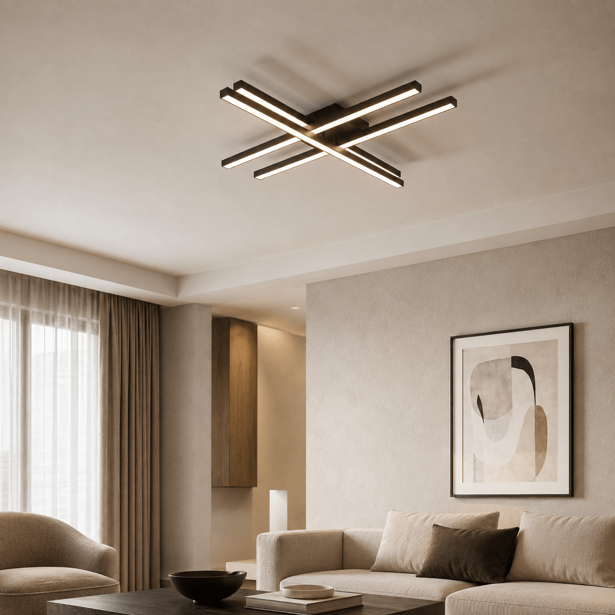 Custom geometric black linear ceiling light with intersecting illuminated bars.