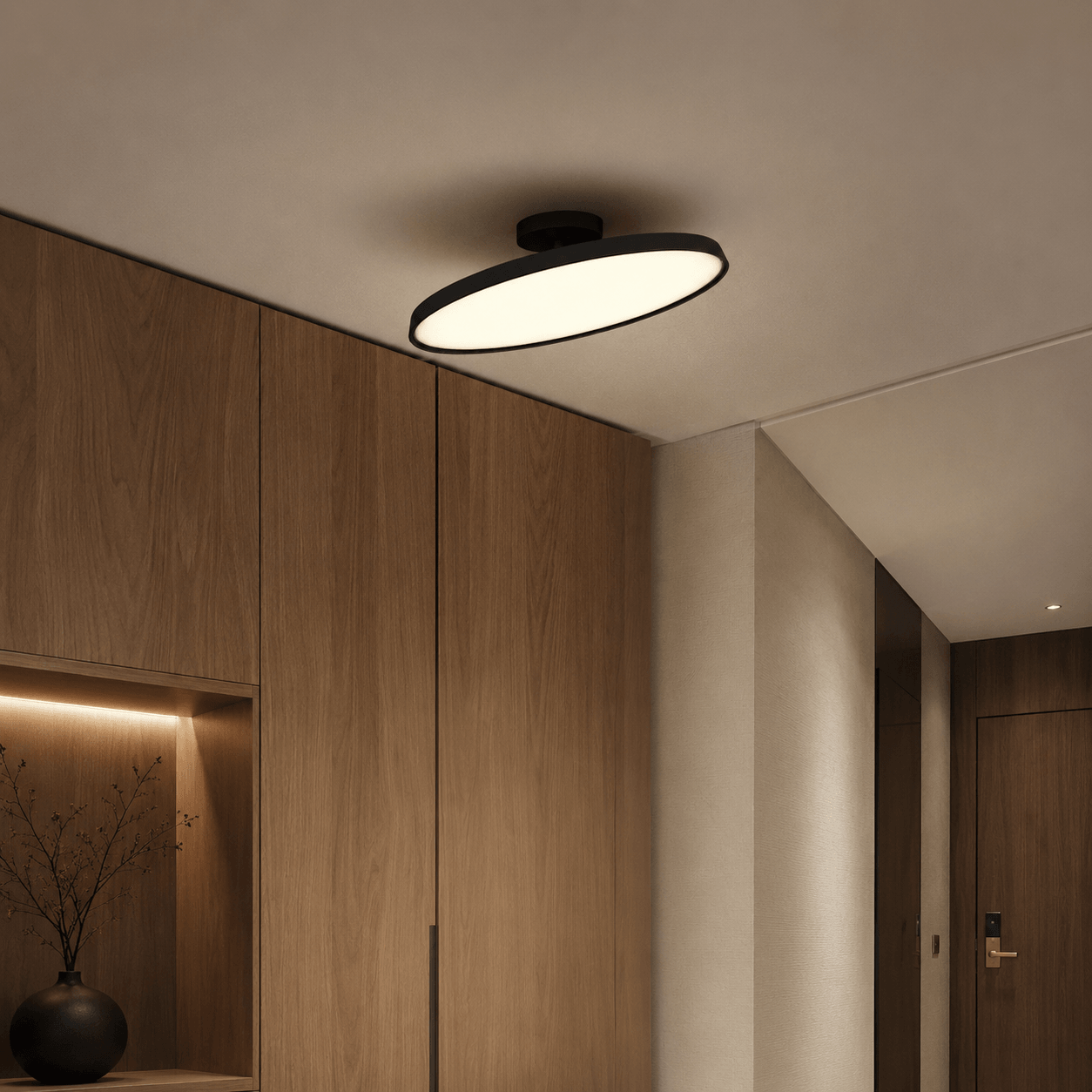 Custom black oval disc ceiling light in a warm contemporary interior.