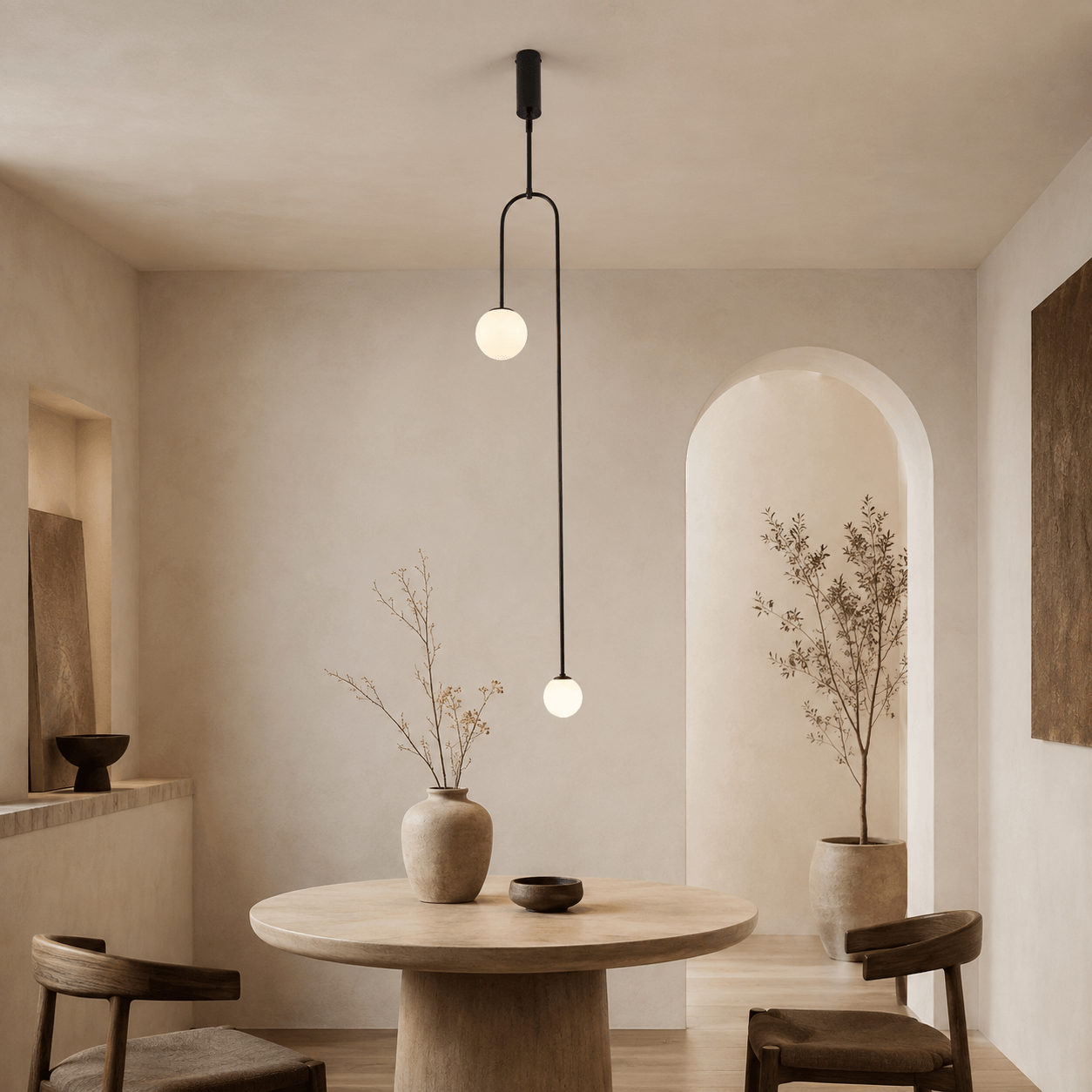 Custom twin-globe ceiling light with staggered opal glass spheres.