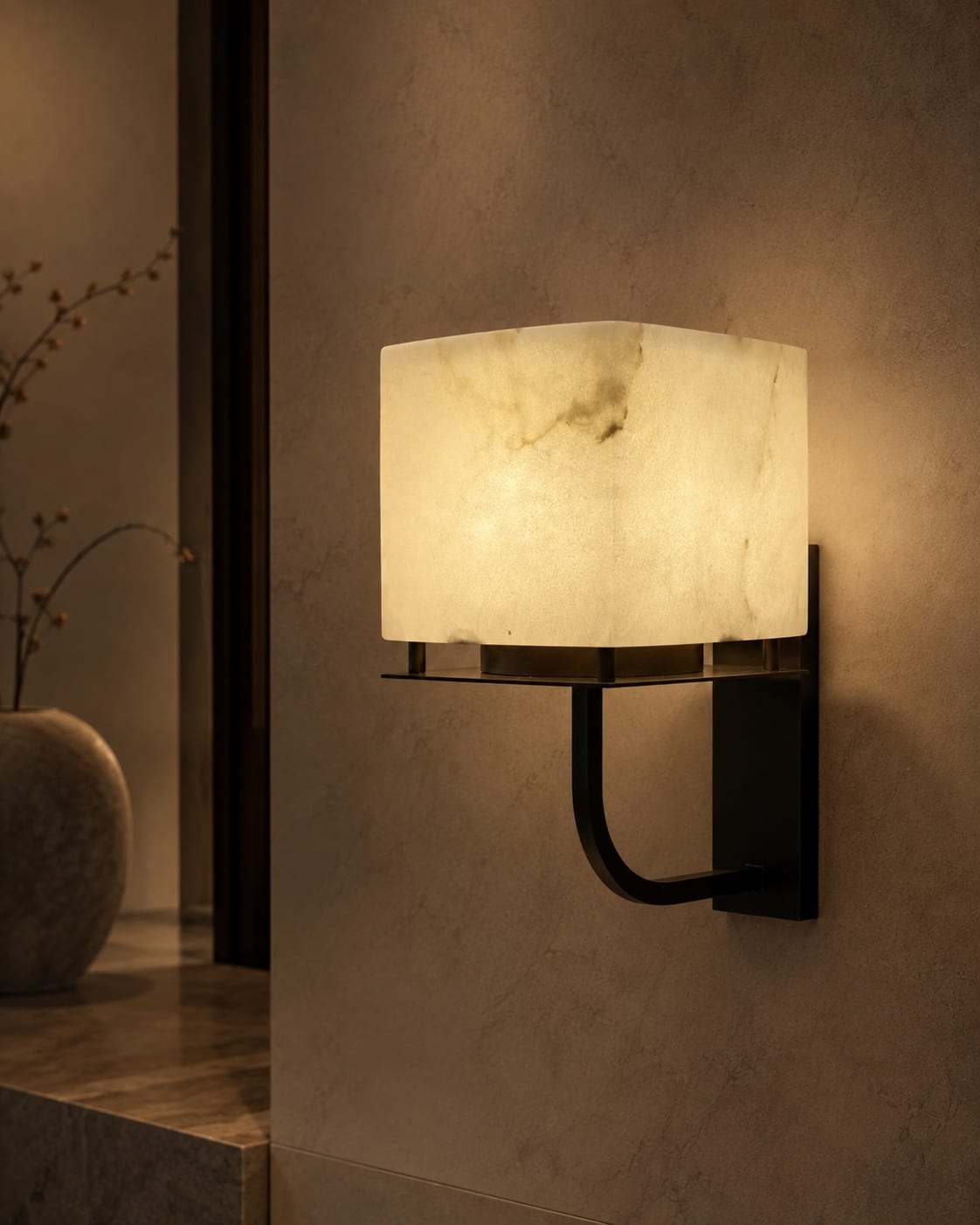 Bracket-mounted wall light with a translucent rectangular shade and curved dark support