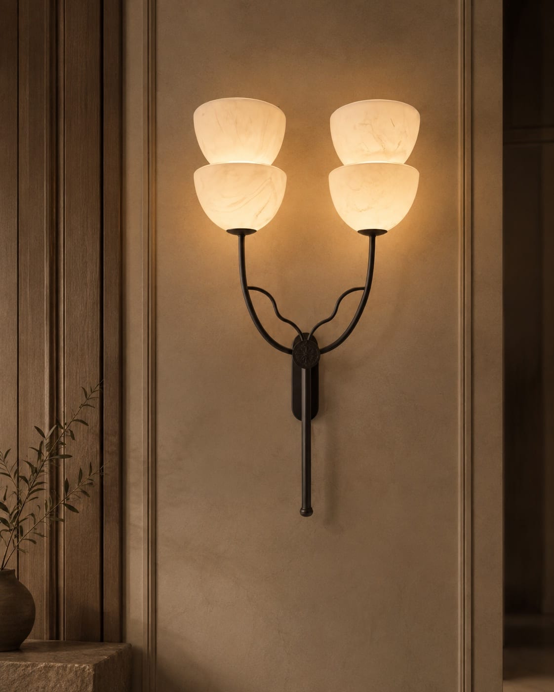 Double-arm wall light with four softly illuminated textured shades