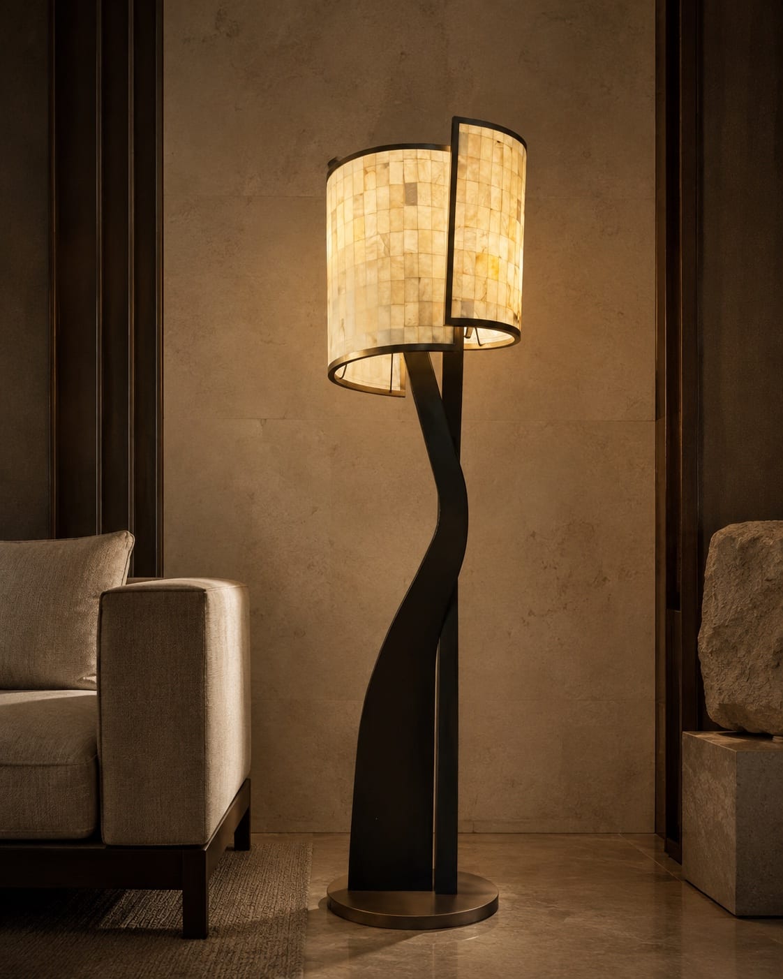 Sculptural decorative floor lamp in a warm hospitality-style lounge interior