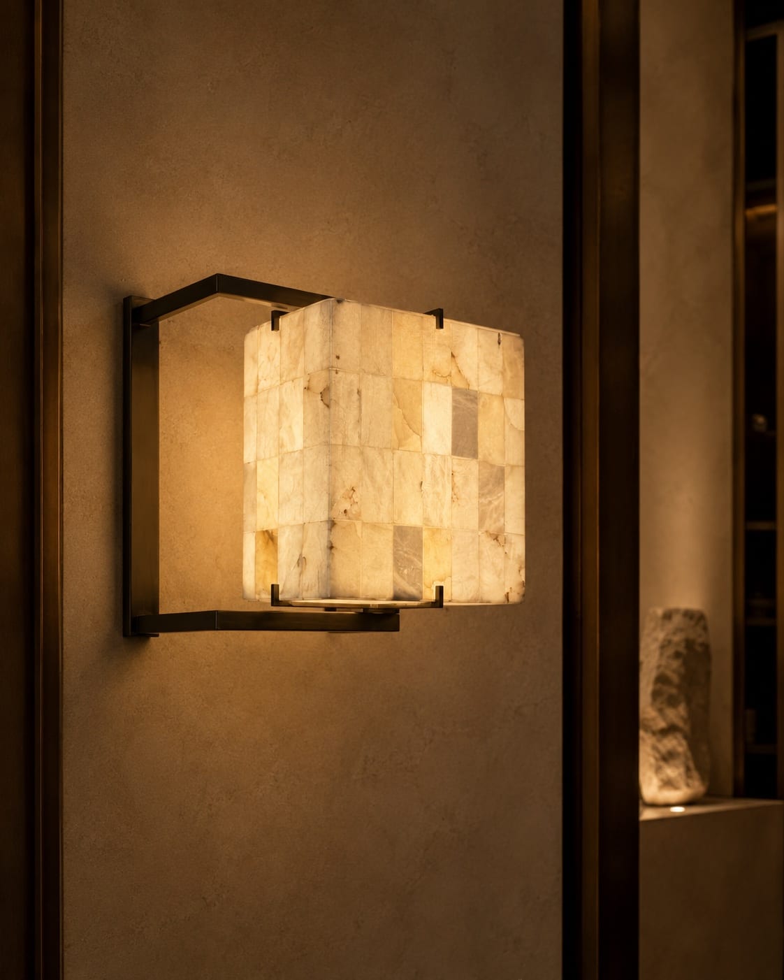Geometric dark metal wall light framing a luminous textured diffuser