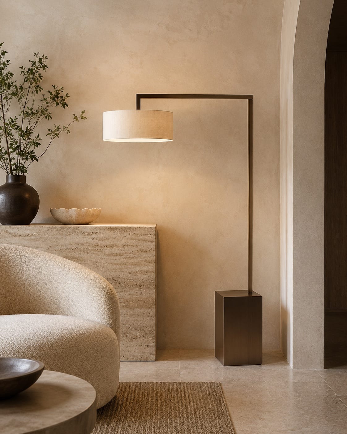 Custom cantilever floor lamp with an extended bronze metal arm and fabric shade in a hospitality lounge